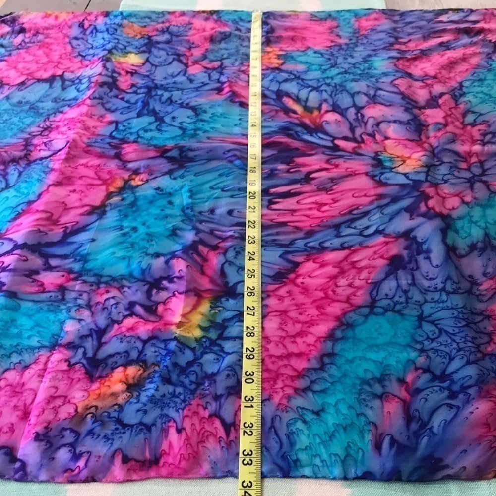 Colorful Watercolor Abstract Print Square Scarf Hand Rolled Edges - Picture 4 of 5
